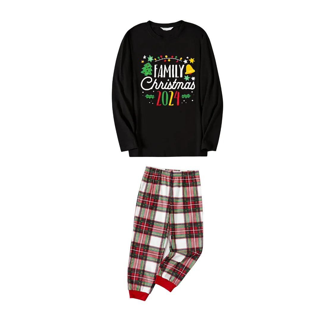"Family Christmas 2024" Pattern Ⅰ- Black Top with Red & White & Green Plaid Pants Family Matching Pajamas