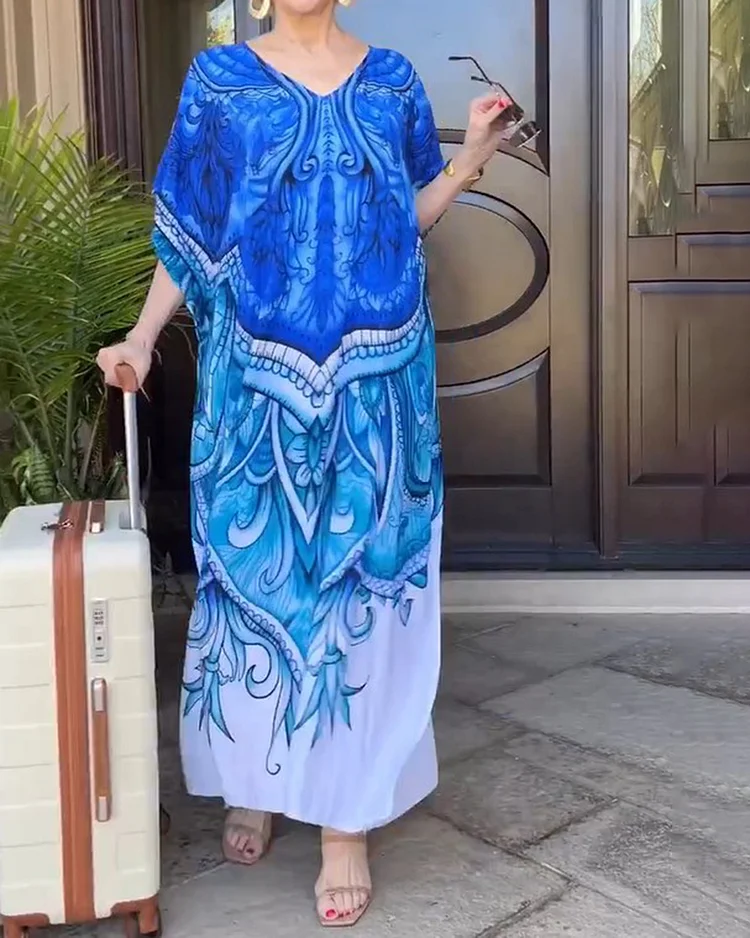 V-Neck Printed Vacation Dress