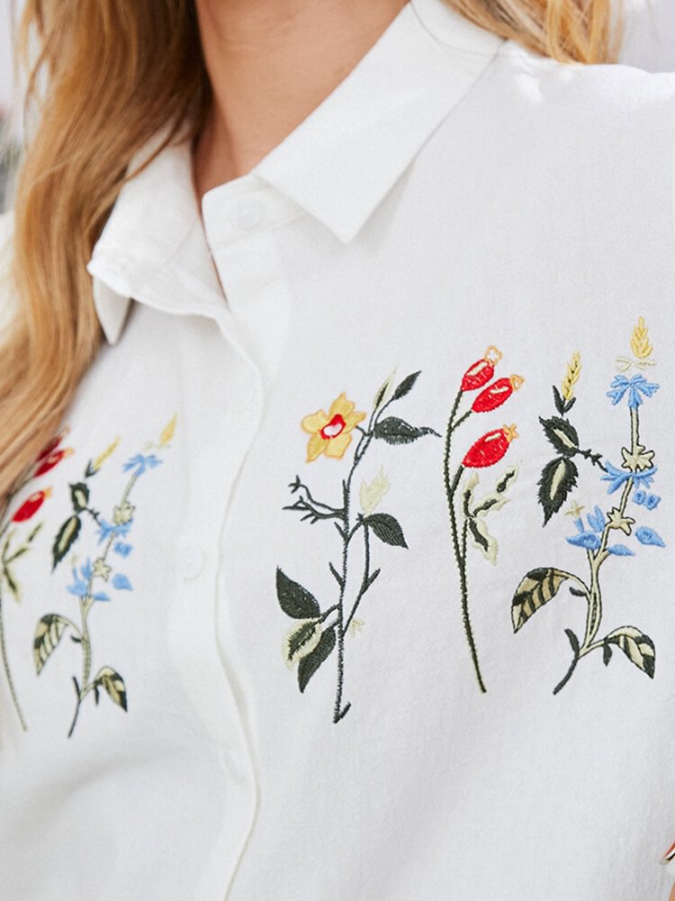 Embroidery Flowers Short Sleeve Lapel Casual Shirt for Women P1856593