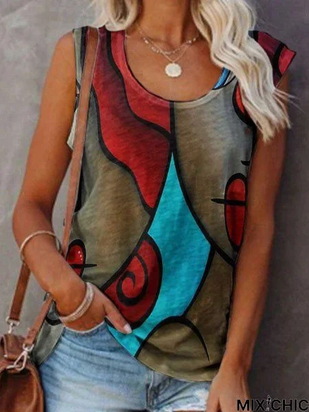 Crew neck abstract face print sleeveless T-shirt