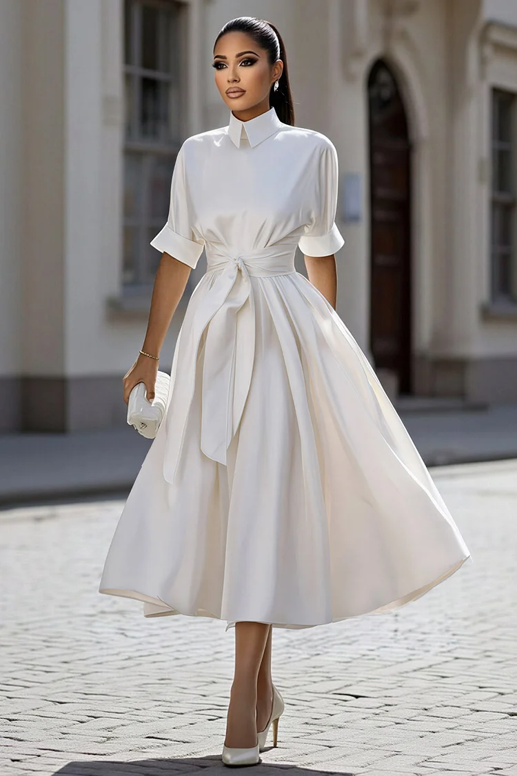 Mock Neck Half Sleeve Lace Up A-Line Party Maxi Dresses-White [Pre Order]