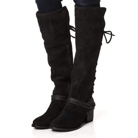 Women faux suede back lace chunky low heel knee high boots