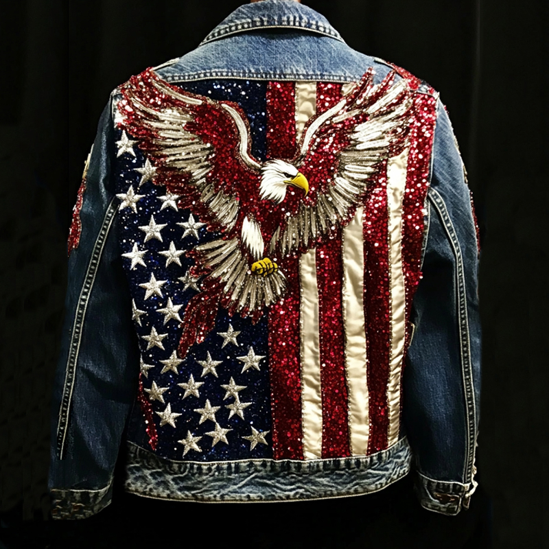 Comstylish Vintage American Flag And Eagle Art Denim Jacket
