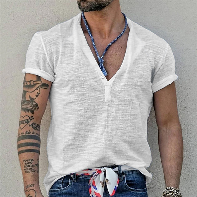 Men's Henley Casual T-shirt Short Sleeve Summer Top