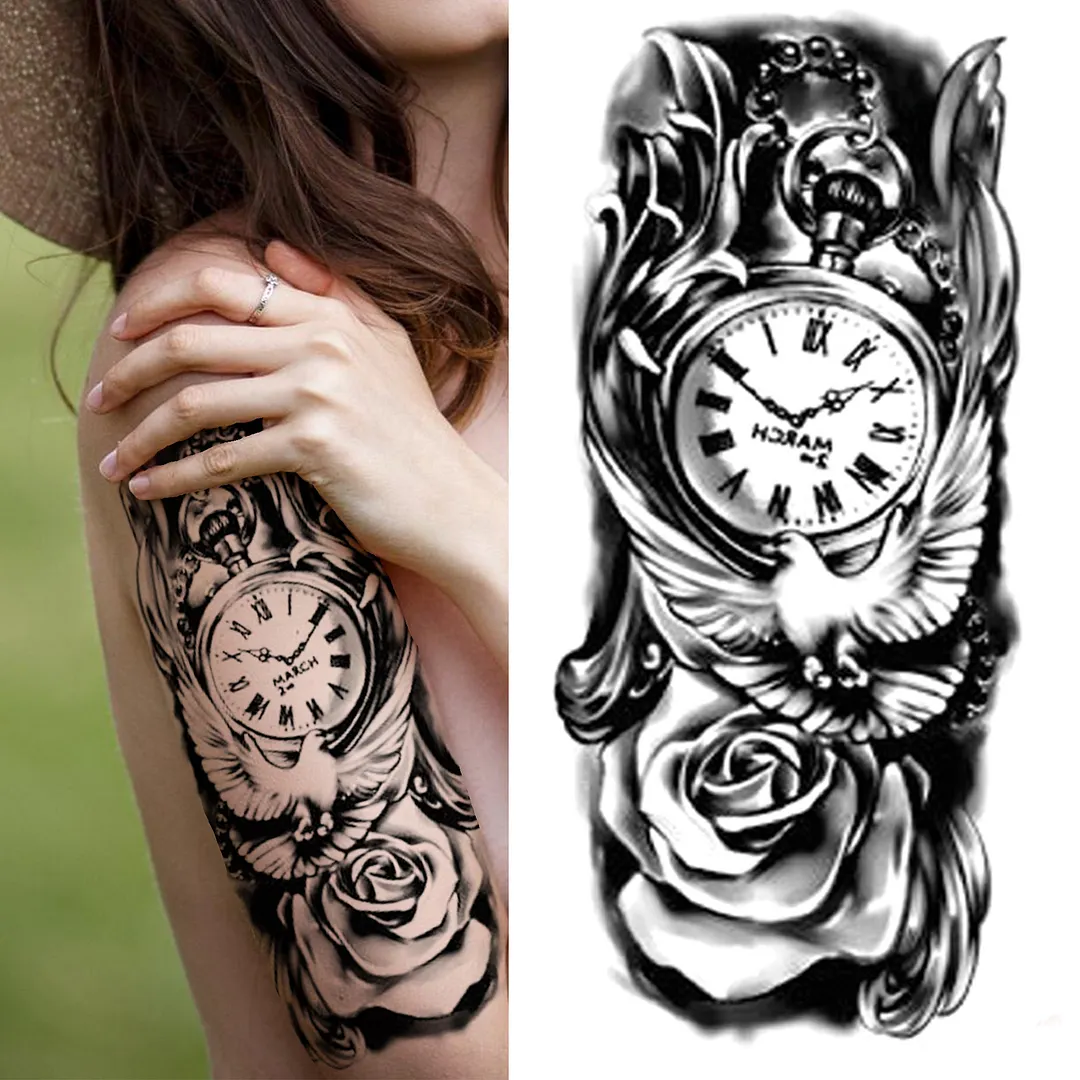 Sdrawing Lion Flower Temporary Tattoos For Women Men Kids Boy Black Tiger Skeleton Tattoo Sticker Fake Compass Tatoos Half Sleeve