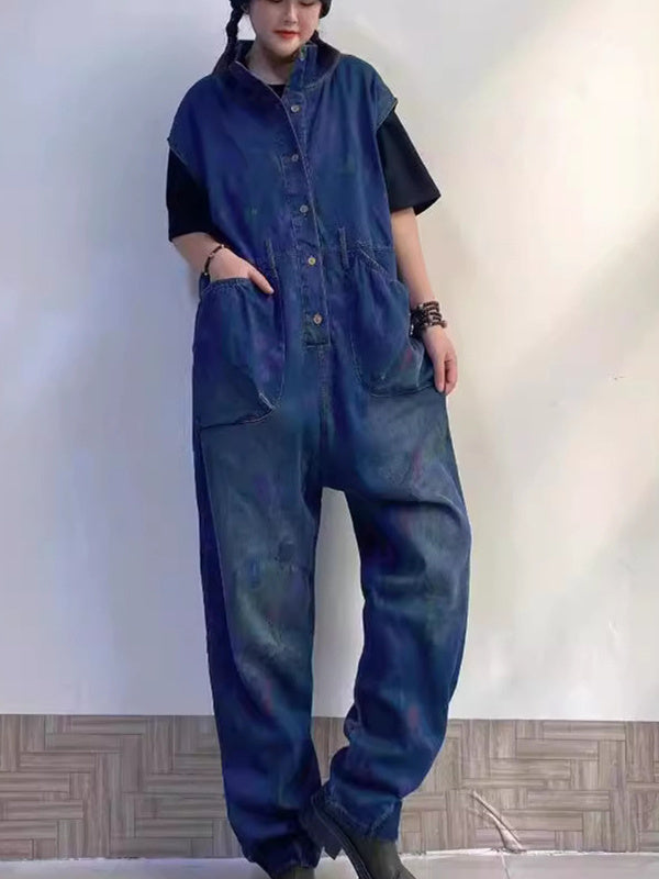 Women's Printed Gradient Casual Retro Wide-leg Workwear Denim Overalls Jumpsuit