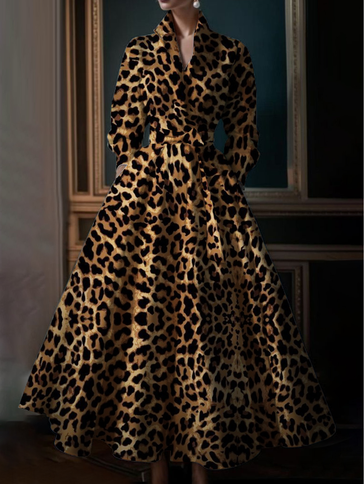 Ursime Leopard Print Stand Collar Long Sleeve Pocket Maxi Dress