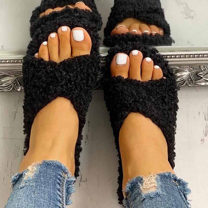 solid fluffy crisscross design flat slippers