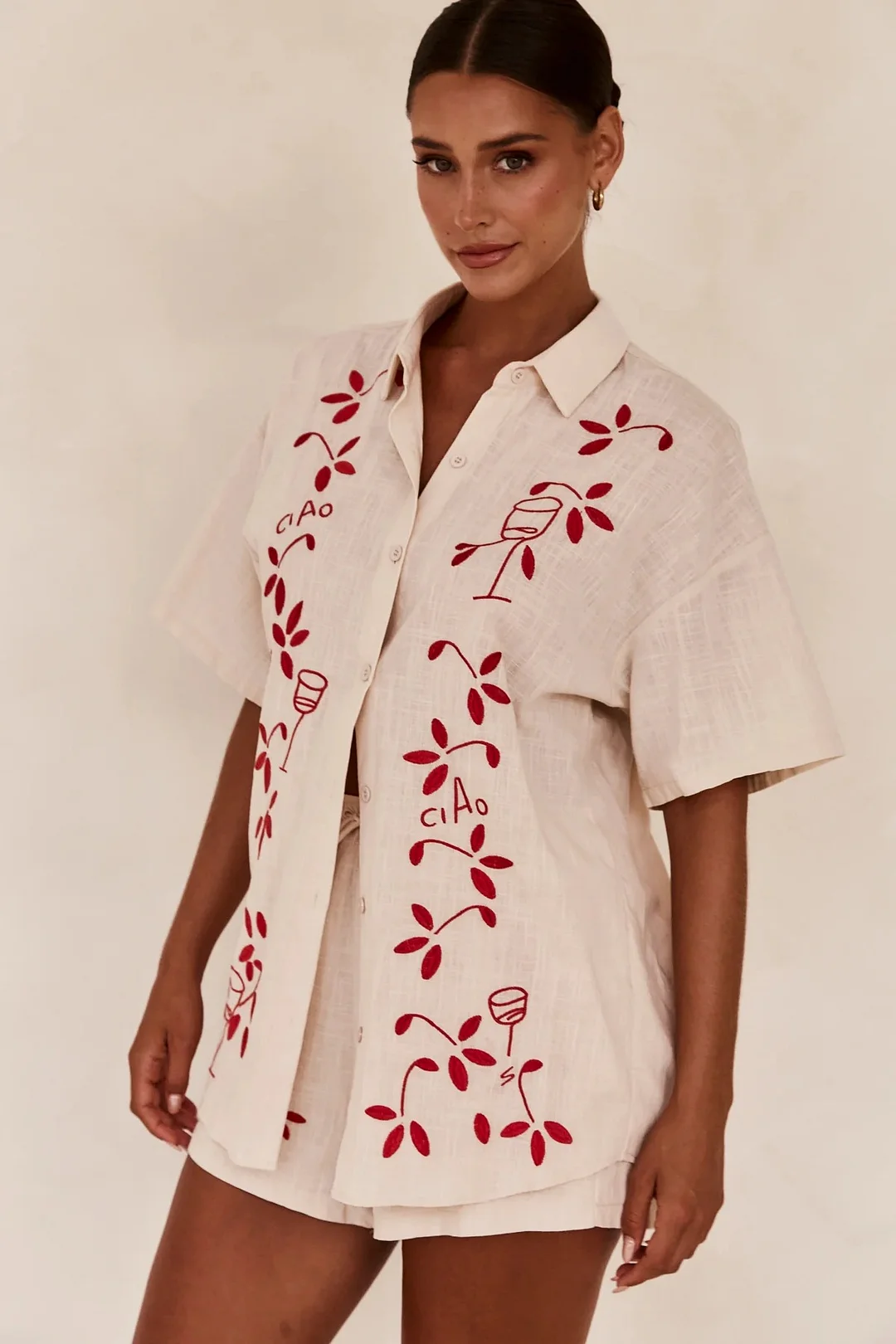 Brownm Brownm Spring And Summer New 3D Stereo Embroidery Comfortable Casual Shirt Short Suit-88189