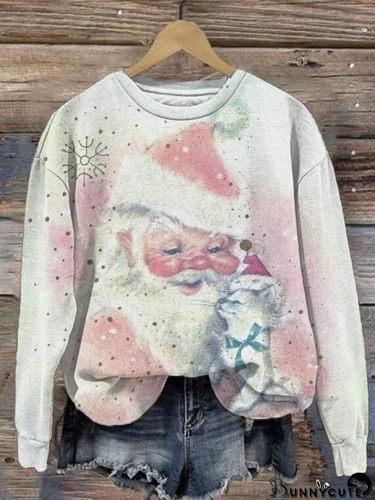 Women's Retro Christmas Santa And Cat Print Casual Sweater