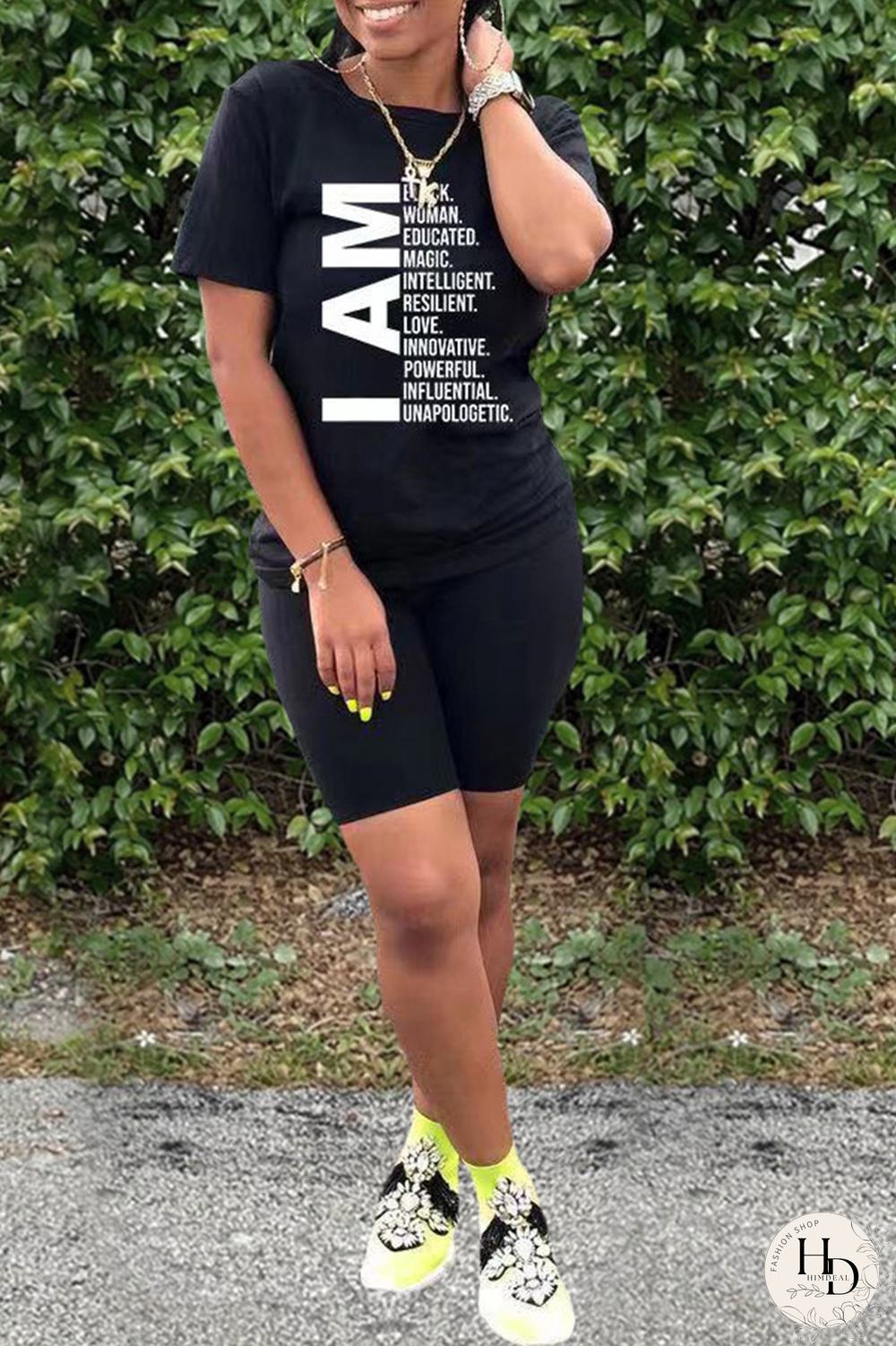 Black Casual Print Split Joint O Neck Short Sleeve Two Pieces