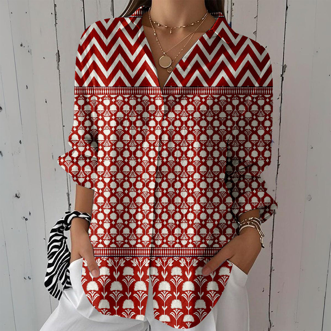 Women Long Sleeve V-neck Graphic Floral Printed Top