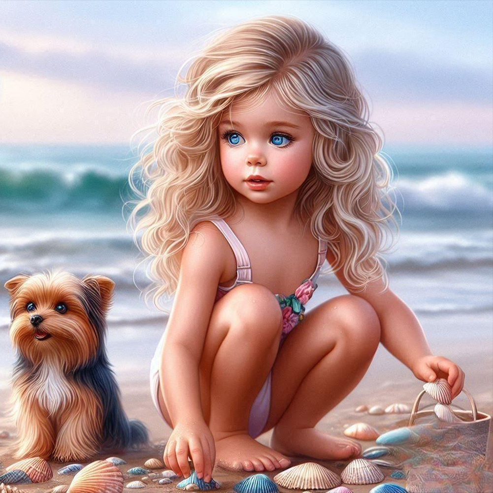 Girl And Dog 40*40cm(canvas) full round drill diamond painting