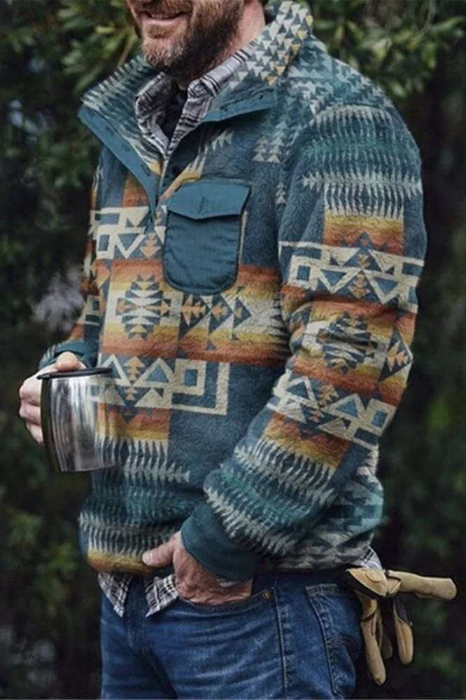 Tiboyz Men's Vintage Western Aztec Pattern Fleece Pullover