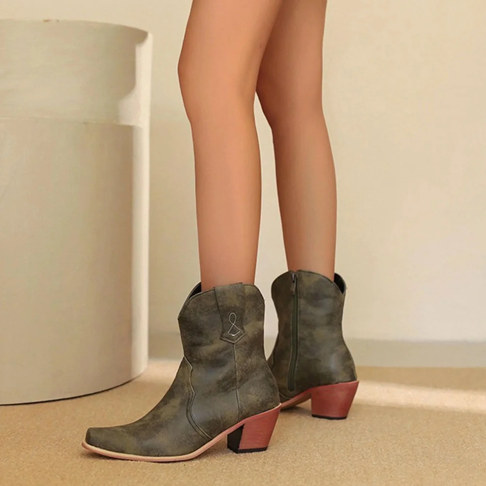 Faux Leather Olive Block Heel Snip Toe Western Boots for Women