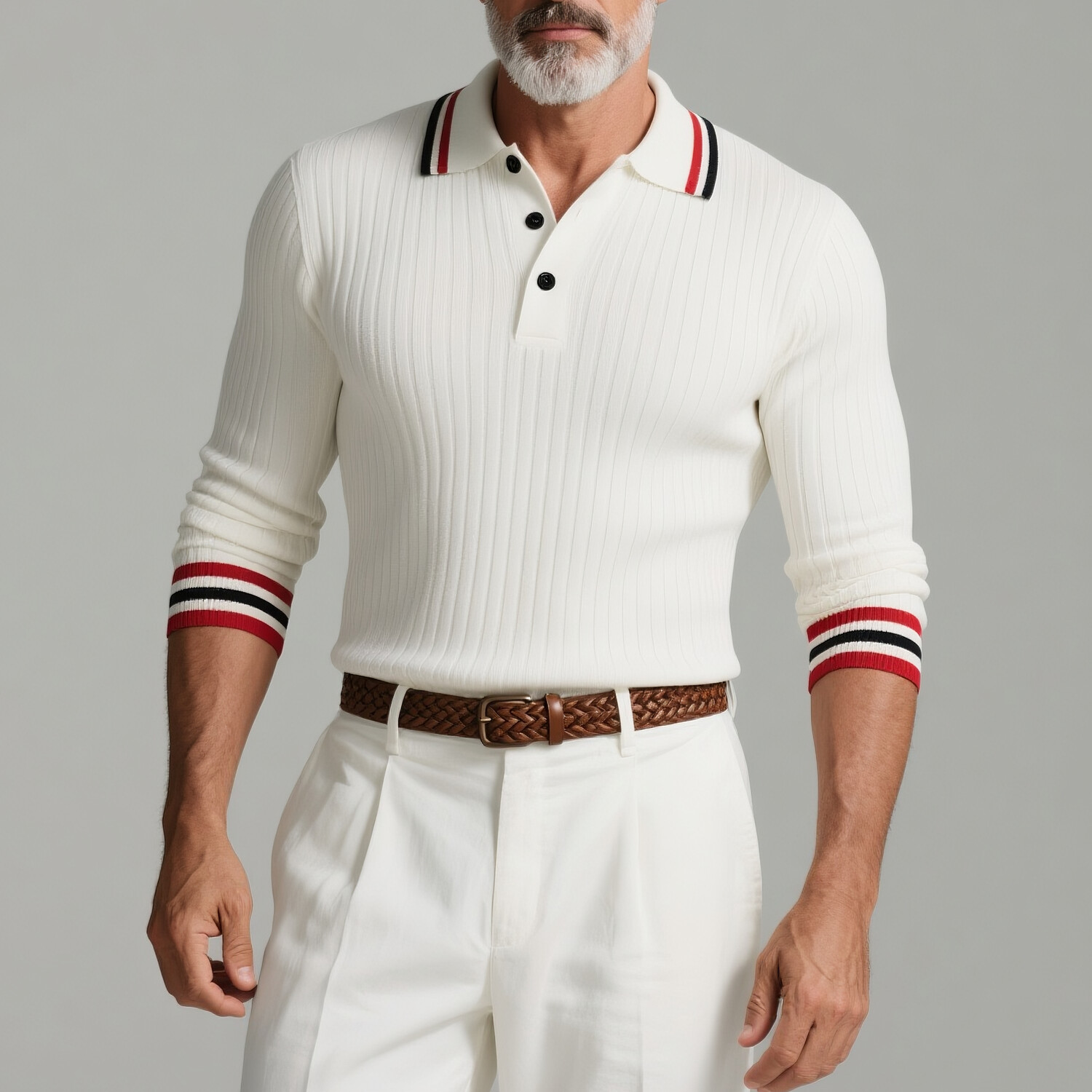 Men's Contrast Striped Trim Half Button Long Sleeve Ribbed Knit Polo Shirt