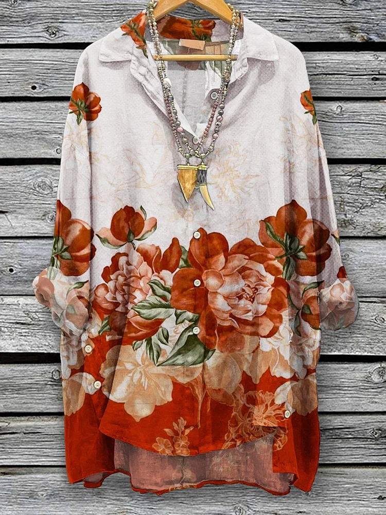 Women's  Floral  Print Casual Cotton And Linen Shirt