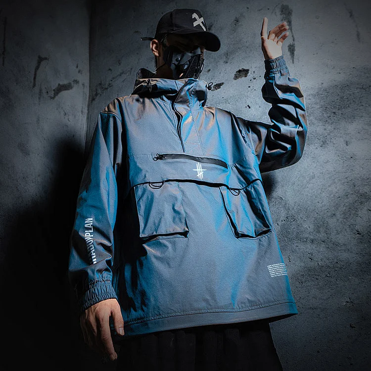 Reflective Work Trendy  Brand Functional Style Half Zipper Charging Jacket-dark style-men's clothing-halloween