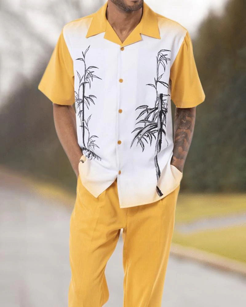 Two Piece Short Sleeve Print Walking Suit Set With Long Pants