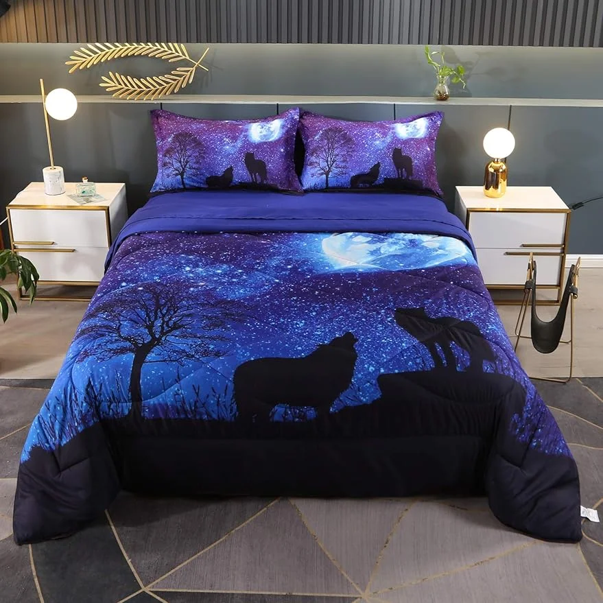 5-Piece Wolf Comforter Set Full Bedding Sets for Boys and Girls 3D Wolf Bed Set Blue Moon Night Theme for Teens and Kids with 1 Comforter, 1 Flat Sheet, 1 Fitted Sheet and 2 Pillowcases