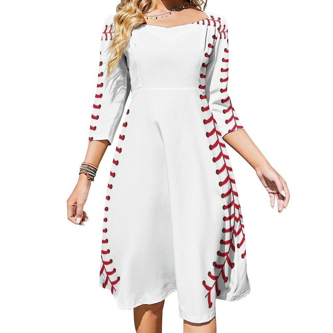 Baseball Ball Seam Stitches Pattern Dress Sweetheart Tie Back Flared 3/4 Sleeve Midi Dresses