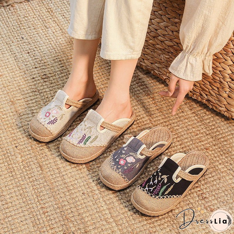 Summer New Ethnic Style Embroidered Slippers Women's Beef Tendon Bottom Cloth Shoes Women Hand-woven Linen Straw Shoes