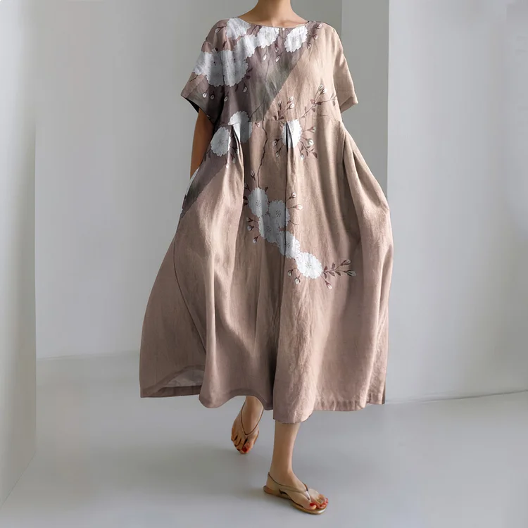 Comstylish Japanese Art Flower Print Short Sleeve Casual Midi Dress