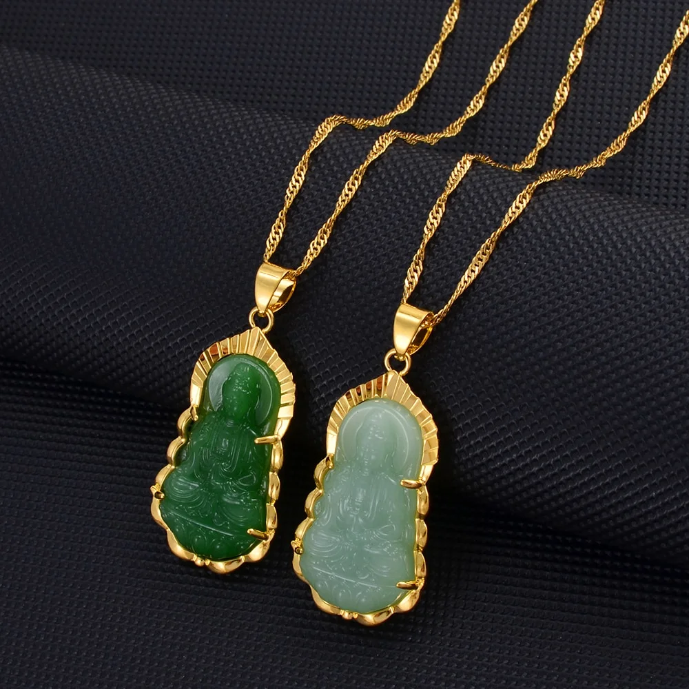 Green Guanyin Buddha Pendant Necklace Buddhist Amulet Jewelry-VESSFUL