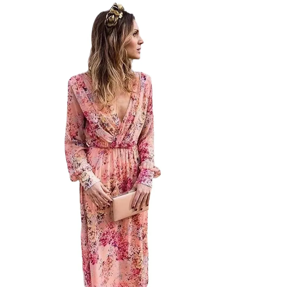 Uveng Uveng Summer New Women's Dress Thin Dress Sexy Tie Collar Print Waist Swing Dress