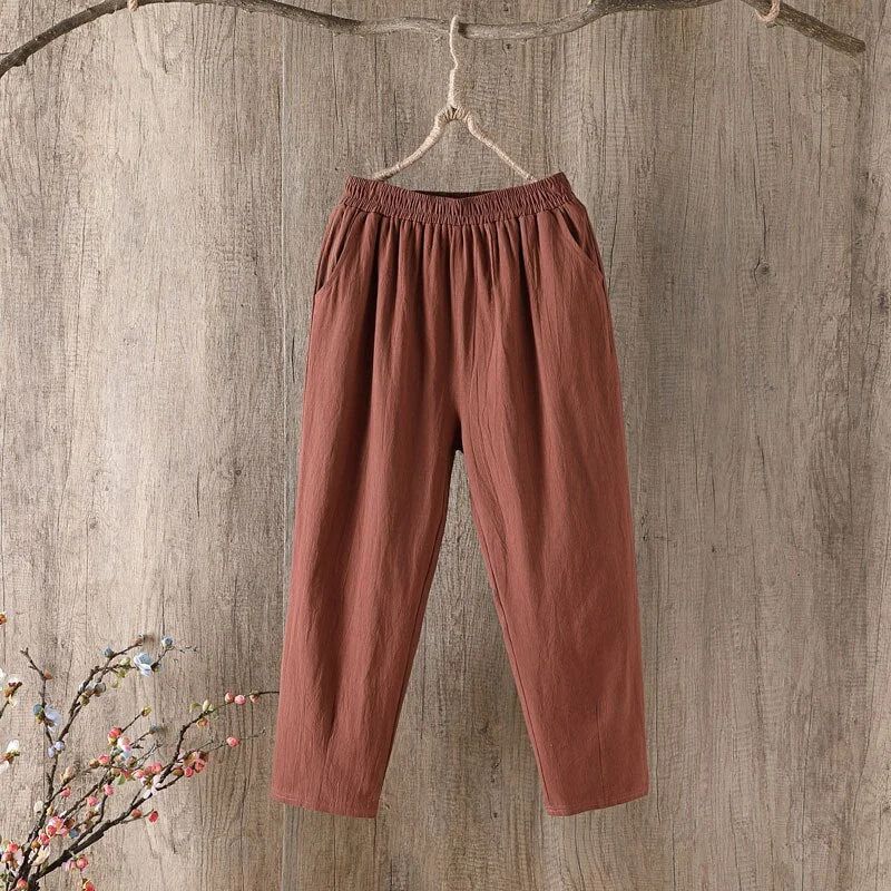 Sonnicelife Plus Size Women Cotton Pants Summer Elastic Waist Loose Casual White Harem Pants Women's Pocket Cotton Linen Trousers