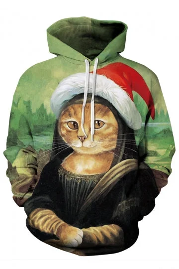 Mona Lisa Cat Christmas Hoodie Light Green-elleschic