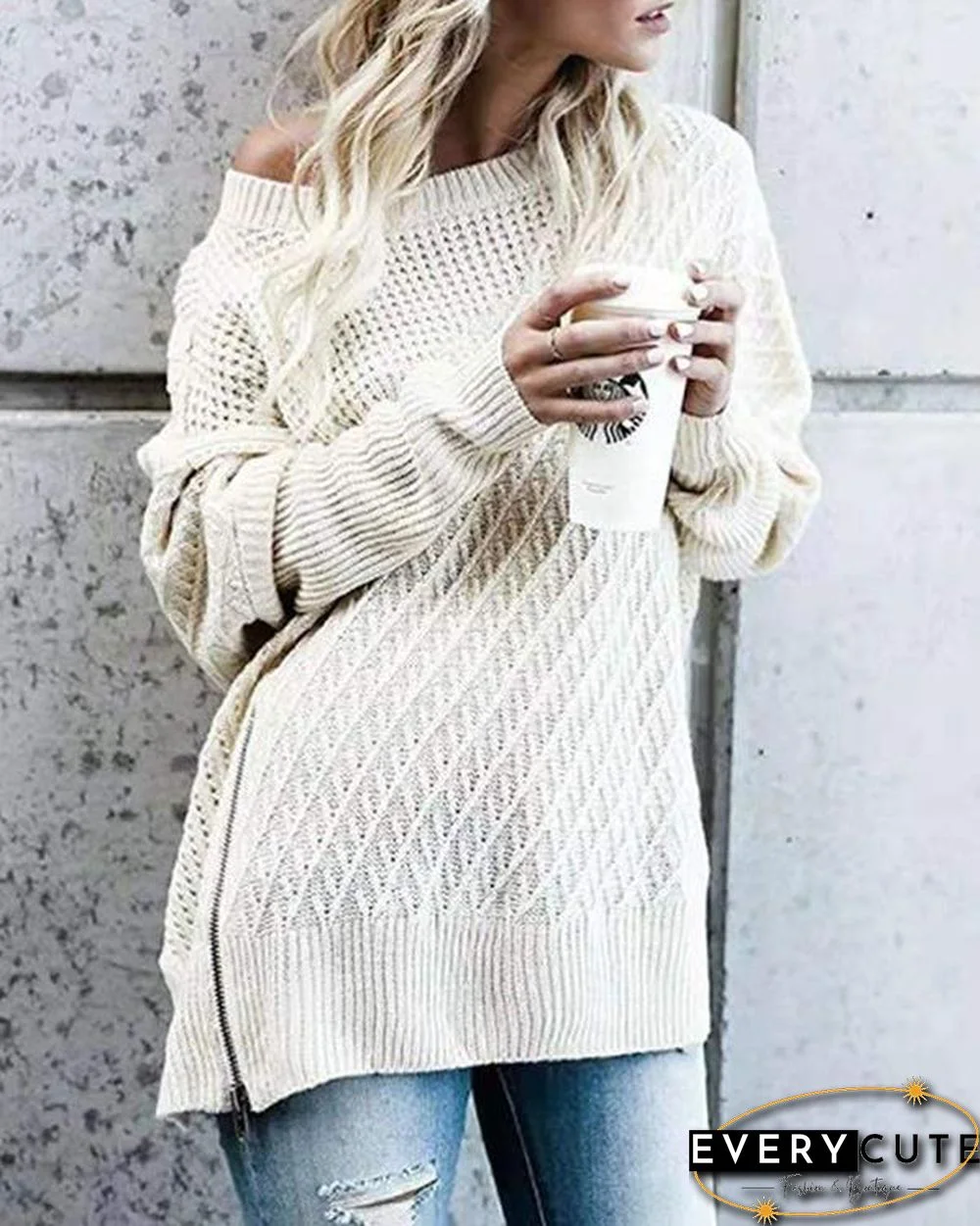 Solid Zipper Side Slit Batwing Sleeve Knit Sweater