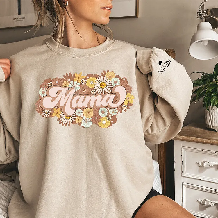 Personalized Mama Flower Print Sweatshirt with Child's Name on Sleeve,Mothers Day Gift,New Mom Gift