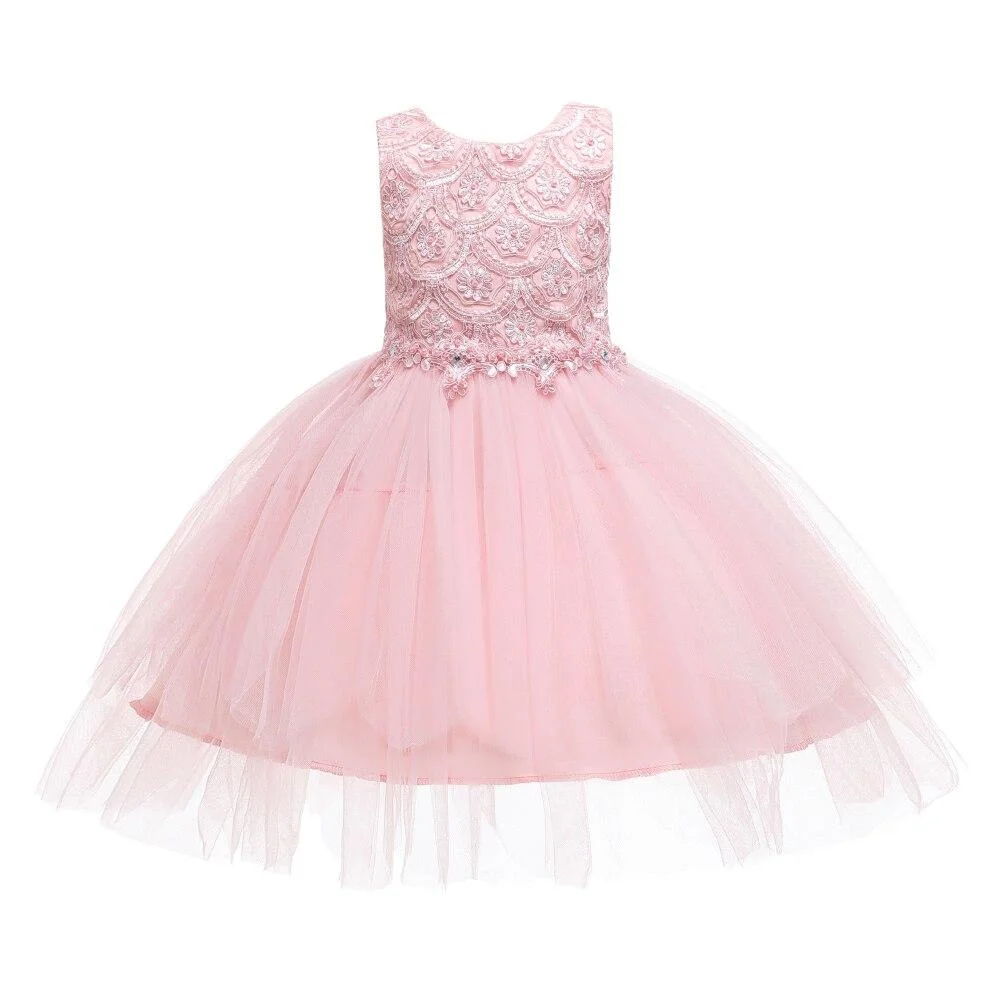 Big Bow Lovely Breathable Princess Kid Dresses For Girl Pink Beaded Layered Tulle Flower Dress Child of 2-10 Year