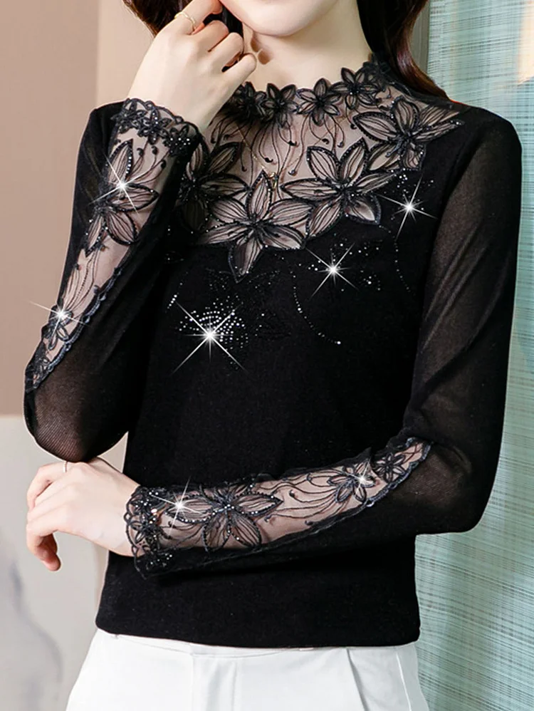 Elegant Embroidery Rhinestone Decor Sheer Mesh Panel Long Sleeve Shirt