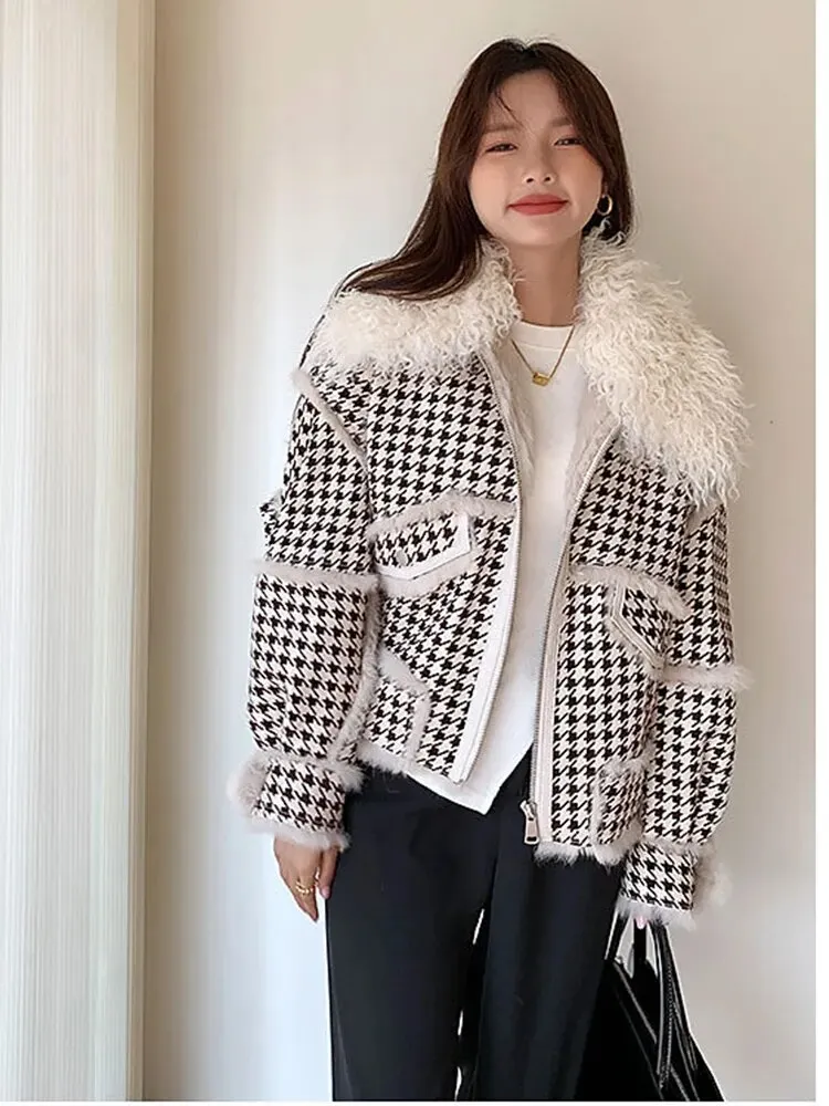 Uveng 2023 Autumn Winter Faux Lamb Fur Sheepskin Coat Plaid Granular Sheep Shearing Jacket Female Casual Warm Outerwear