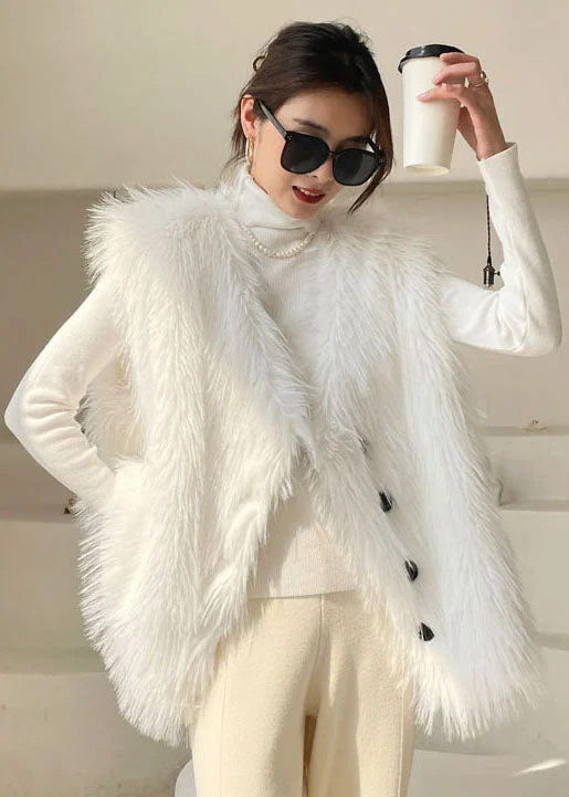 Chic White Button Fuzzy Fur Tops Sleeveless waistcoat