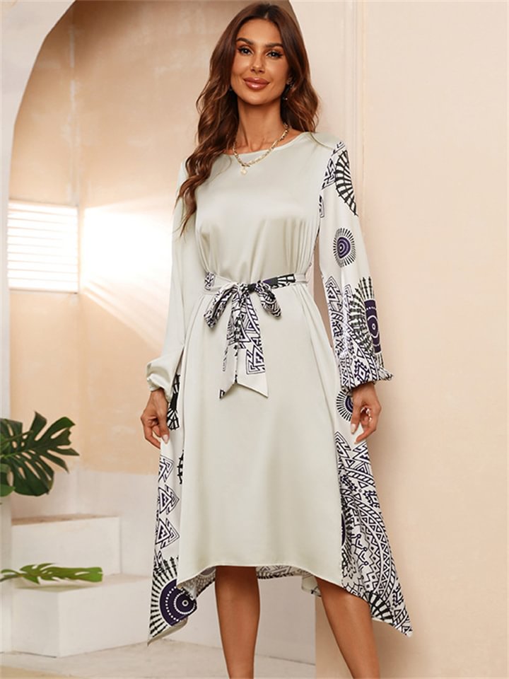 Long Sleeve Printed Color Blocking Loose Long Skirt-Hoverseek