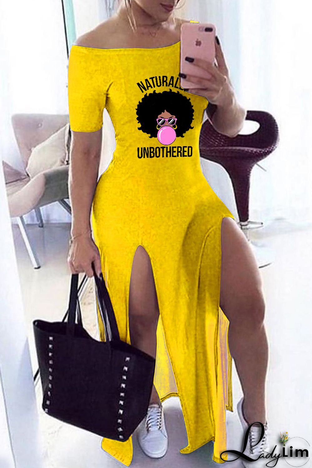 Yellow Fashion Casual Print Slit Off the Shoulder Short Sleeve Dress Dresses