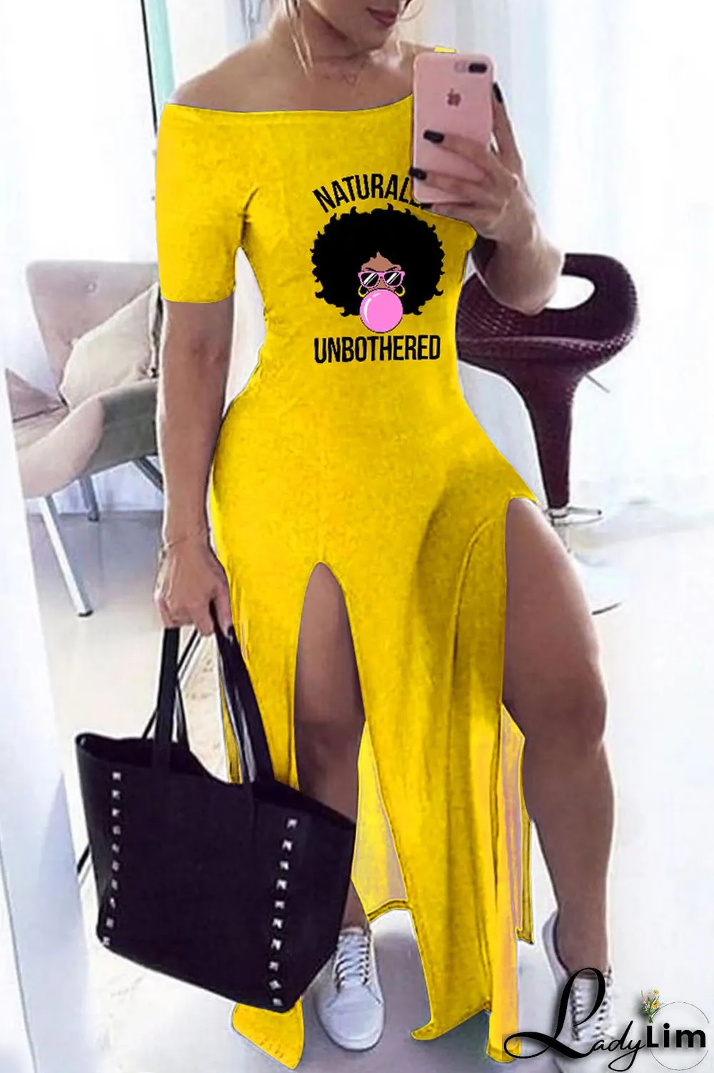 Yellow Fashion Casual Print Slit Off the Shoulder Short Sleeve Dress Dresses