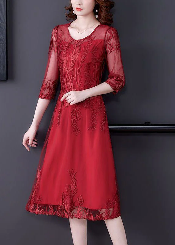 Modern Red Embroideried Slim Fit Tulle Long Dresses Vestidos Half Sleeve