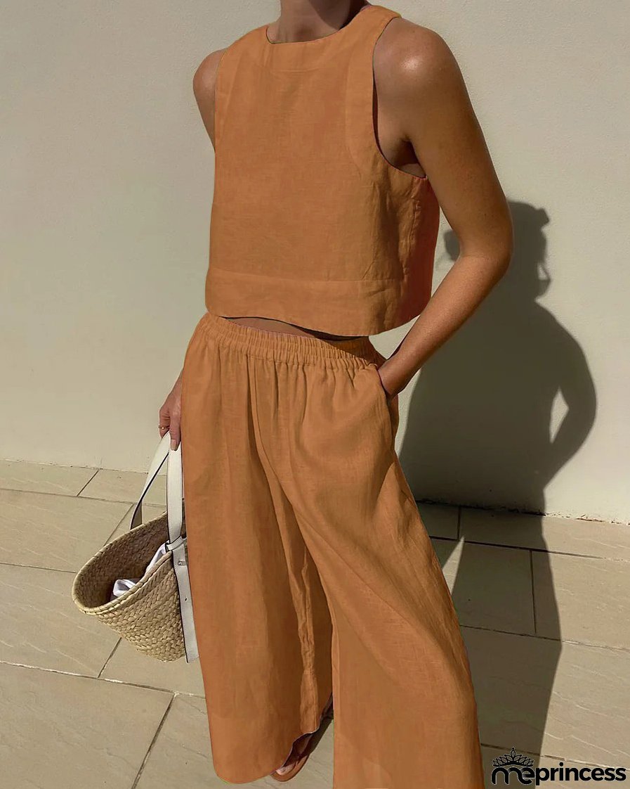 Women's Casual Set Loose Solid Color Sleeveless Shirt and Wide Leg Trousers Two-Piece Set