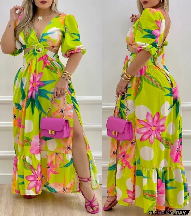 Temperament Printed Long Sleeve V-Neck Backless Dress