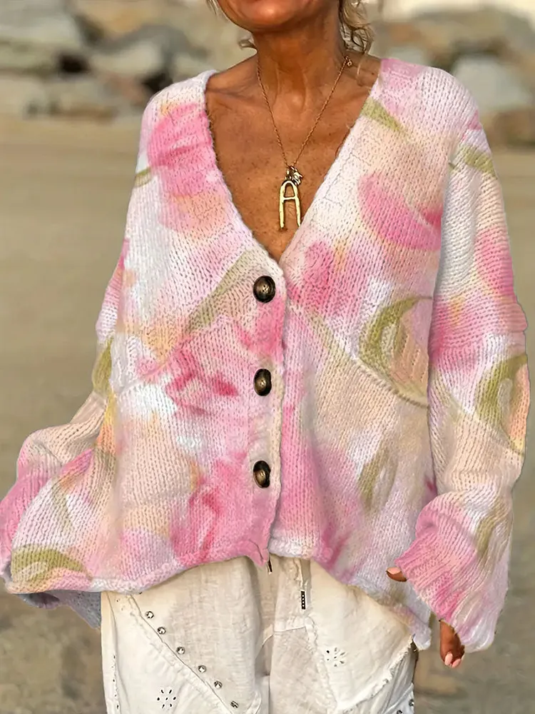 Women's Vintage Flower Art Print Casual Pullover Sweater