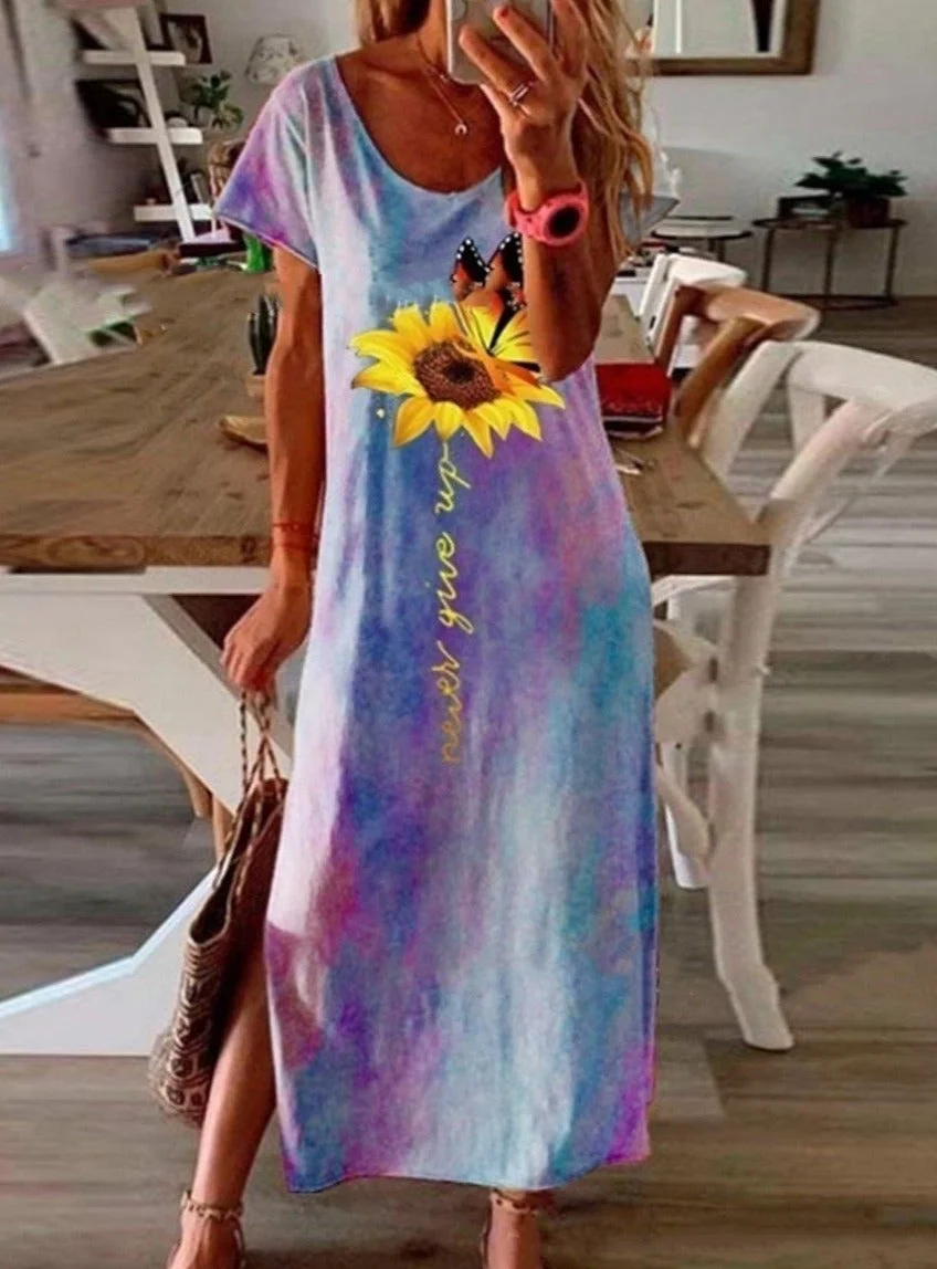 Casual Tie-Dye Sunflower Print Side Slit Long Dress