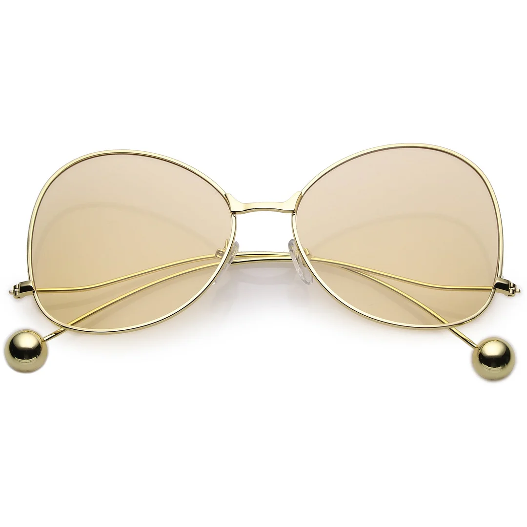 Women's Metal Butterfly glasses Thin Curved Arms Ball Accent Color Tinted Flat Lens 56mm