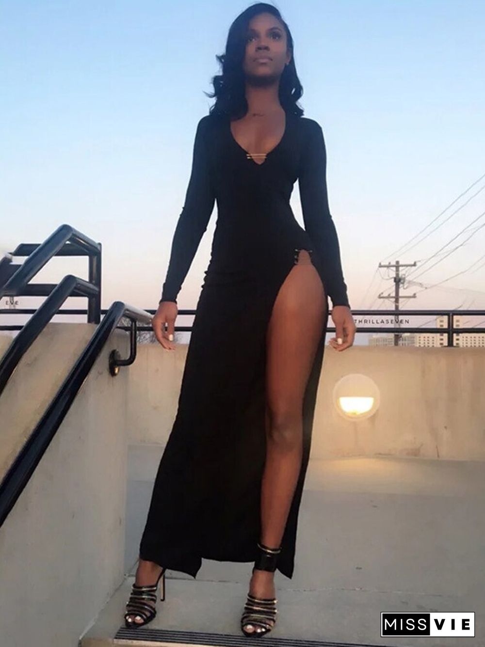 Women Autumn Winter V Neck Slim Long Sleeve Hollow Out Black Open Fork Split Long Dress Fall Clothes Streetwear