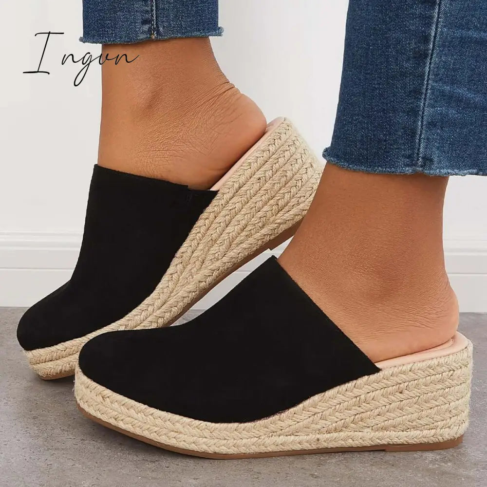 Ingvn - Espadrilles Mule Wedges Slip On Backless Sandals Black / 5