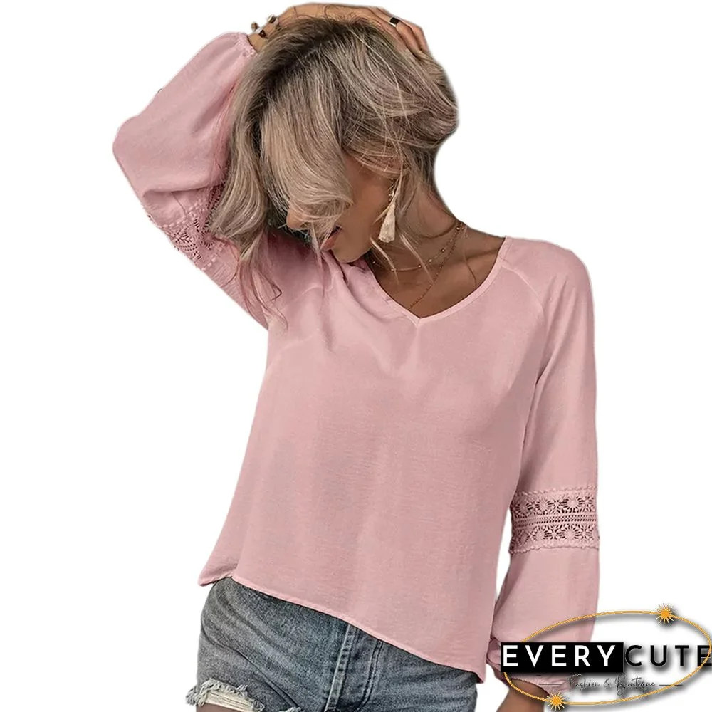 Pink Hollow-out Long Sleeve V Neck Blouse