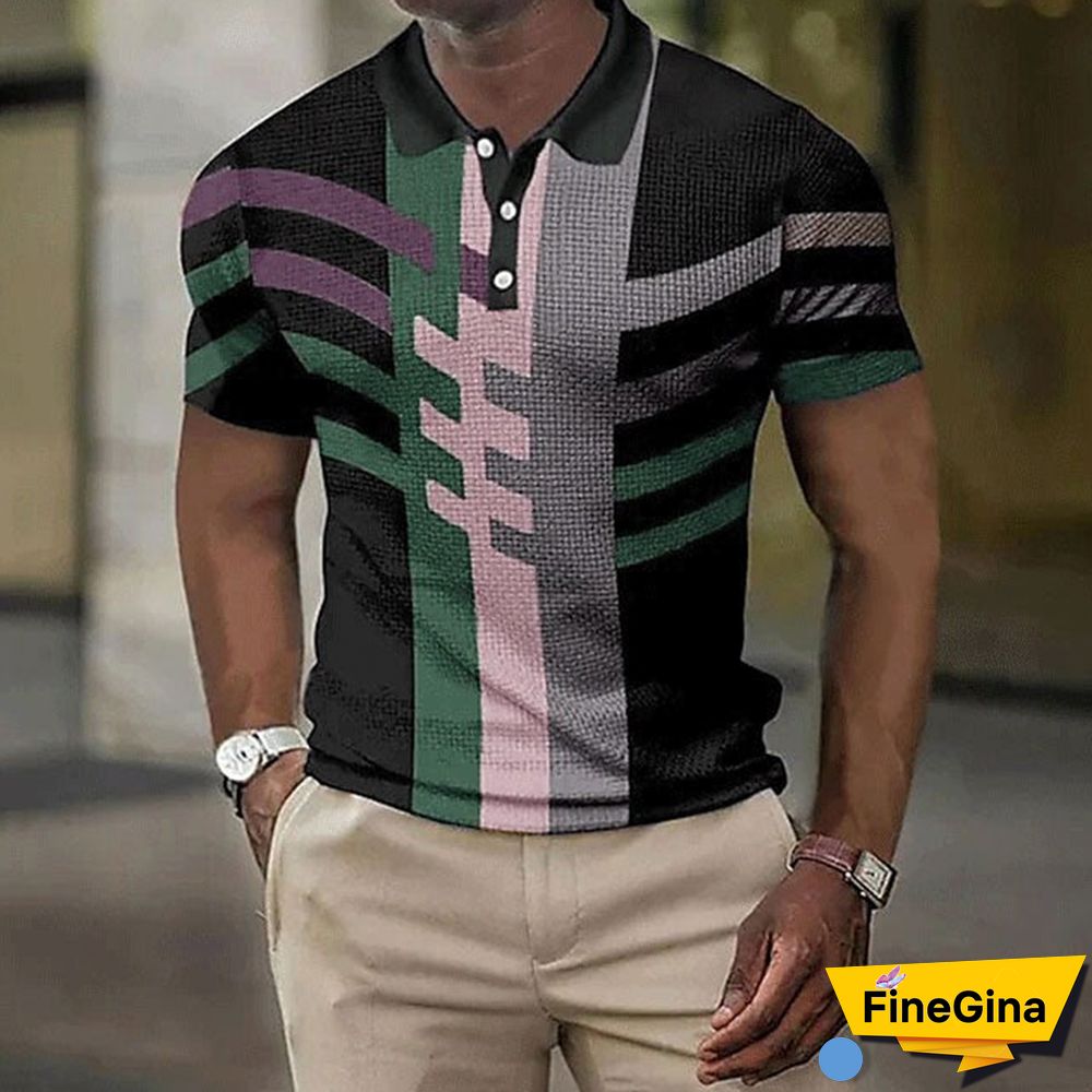 Black khaki Men's Short Sleeves Striped Graphic 3D Print Button-Down Shirt